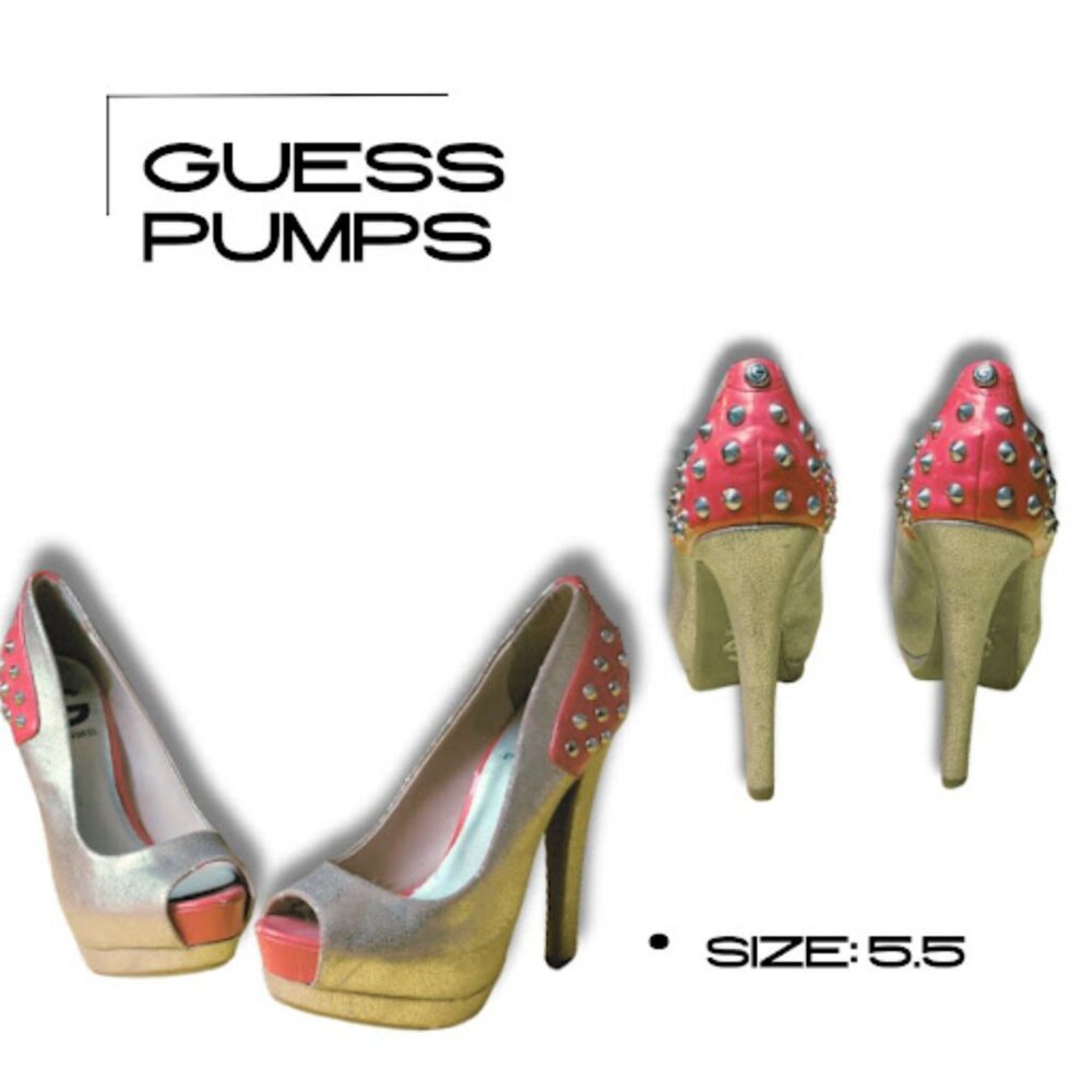 Guess Peep Toe Platform Pumps - Gold & Pink Studded - Size 5.5
